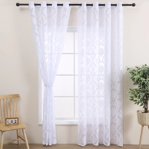 French vintage white lace sheer curtains with elegant damask embroidery for living room