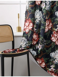 Detail of luxury black oil painting peony curtains with thick blackout fabric and retro pattern