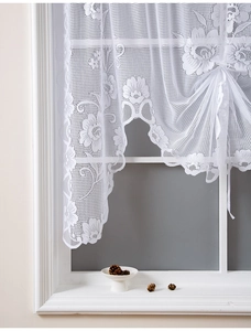 Detailed view of white floral lace cafe curtain with delicate hollow embroidery