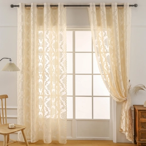 French vintage beige floral lace curtain with damask patterns and metal ring top for home