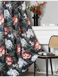 Detail view of thick vintage oil painting floral curtains with elegant peony pattern drape