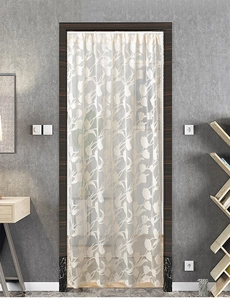 Detailed view of beige tulip lace door curtain with elegant semi-transparent texture