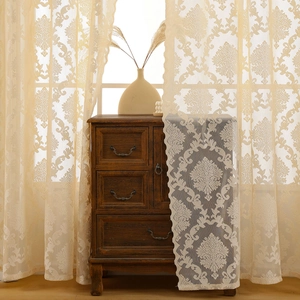 French vintage beige lace curtain with damascus floral embroidery for living room decor