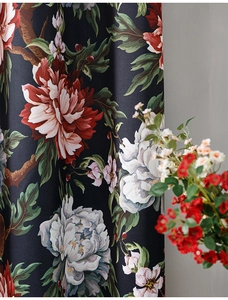 Detailed texture of thick navy blue blackout curtain with oil painting peony pattern