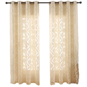 French vintage beige floral lace sheer curtains with elegant scalloped edges and metal grommets