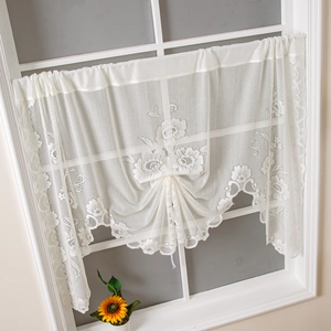 Beige floral lace café curtain with scalloped edges for elegant window decoration