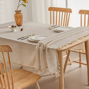 Minimalist beige linen tablecloth and runner set with delicate tassels for home decor