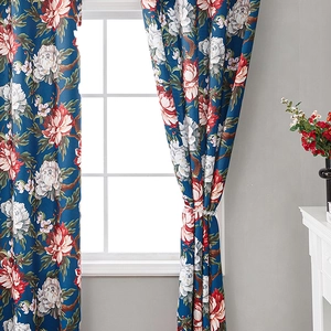 Luxurious oil painting style blue curtains with peony pattern for living room window decor