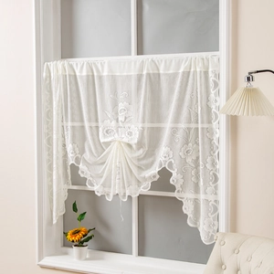 Beige floral lace cafe curtain with wavy hem and bow tie for window decoration