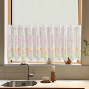 White lace cafe curtain with colorful butterfly patterns and scalloped edges for kitchen