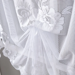 White lace cafe curtain with 3D floral embroidery and mesh texture for windows