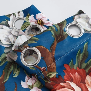 Luxury blue oil painting peony floral blackout curtains with silver metal grommets