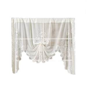 Beige lace cafe curtain with floral crochet pattern and elegant scalloped edge design