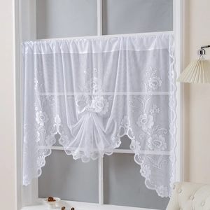 White lace cafe curtain with floral embroidery and scalloped edges for window decor