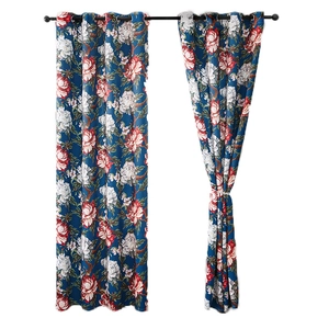 Blue luxury floral blackout curtains with large peony patterns and silver metal grommets