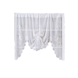 White lace cafe curtain with vintage floral patterns and scalloped wave edges