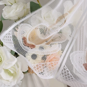 Close-up of white lace fabric with floral embroidery and mesh hollow-out structure