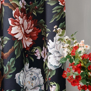 Luxury black peony floral blackout curtain with elegant American retro oil painting design