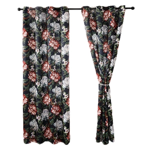 Black luxury oil painting peony blackout curtains with silver metal grommet top