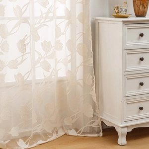 French style beige tulip lace door curtain in a modern minimalist luxury interior setting