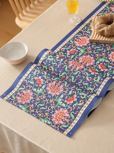 Detail of floral table runner with blue border and waterproof fabric texture