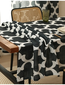 Detailed texture of thick black and white quatrefoil patterned polyester table cover