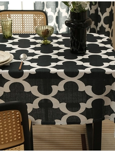 Detailed view of heavy polyester tablecloth with black white geometric gourd flower patterns