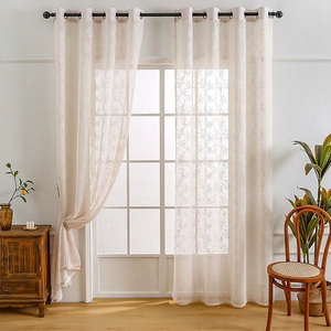 Chinese minimalist beige lace curtains with tree branch embroidery for living rooms
