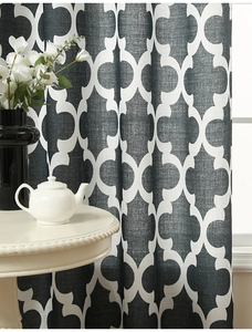 Detail of navy blue curtain with white geometric pattern and linen-like fabric texture