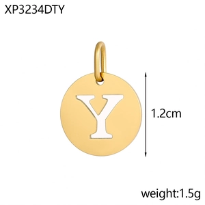 Detail view of 1.2cm round gold-plated alphabet Y pendant with hollow design and top loop