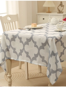 Detail of thickened polyester tablecloth featuring grey Moroccan geometric patterns