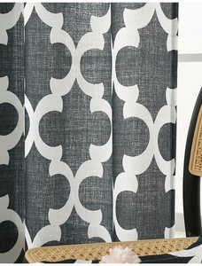 Close-up of gray Moroccan pattern curtains with premium linen texture for living room
