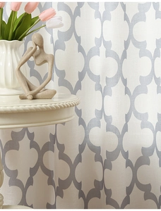 Detail of white modern curtains with gray geometric gourd patterns for living room decor