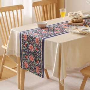 Navy blue floral table runner with red peonies and waterproof oil-proof fabric for dining decor