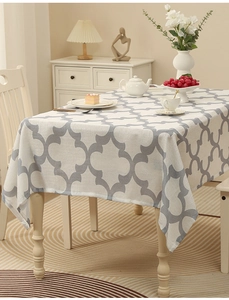 Detailed view of gray Moroccan trellis pattern on thick polyester tablecloth for dining tables