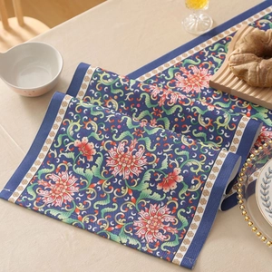 Modern American style navy blue floral table runner with waterproof lotus flower pattern
