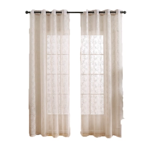 Pair of semi-sheer white branch lace curtains with metal eyelets for living room decor