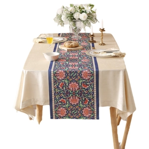 Navy blue floral table runner with waterproof fabric and elegant traditional pattern