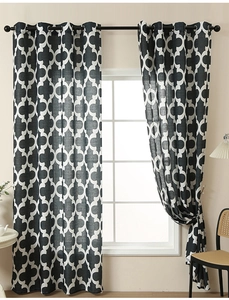 Detailed close-up of navy blue Moroccan trellis print on linen texture curtains