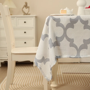 Moroccan quatrefoil print tablecloth in white and grey for minimalist kitchen decor