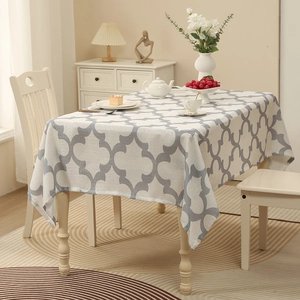 Rectangle tablecloth with grey Moroccan geometric tile pattern on thick linen-look fabric