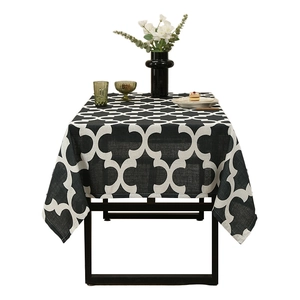 Modern rectangular tablecloth with black and white geometric pattern on polyester fabric