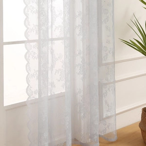 Elegant white lace curtain with floral embroidery and scalloped edges for living room decor