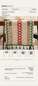 Macro detail of bohemian striped linen table runner with woven tassel fringe design