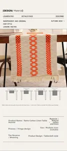 Detail of linen table runner with orange geometric cutout patterns and handmade tassels