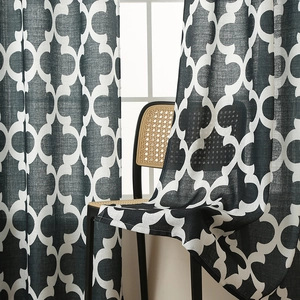 Modern black and white interlocking circle pattern curtains with linen texture for living room