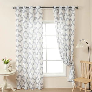 White linen curtain with grey geometric clover print and silver grommets for living room
