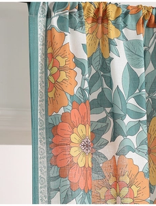 Detail of floral printed semi-blackout curtain fabric with vintage leaf patterns