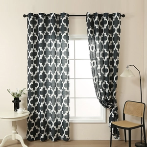 Blue and white quatrefoil blackout curtains with metal grommets for living room windows