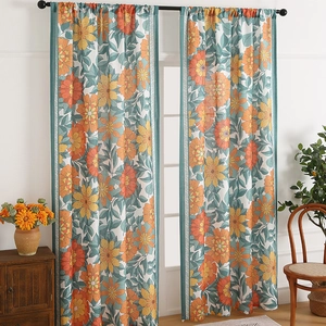 Modern minimalist floral curtains with vintage orange flowers for living room decor